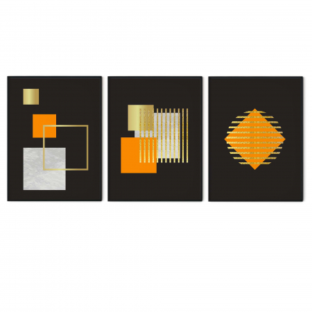 Set 3 tablouri, Intaglio, Stil Abstracte, print pe hartie foto Fine Art, postere moderne, fundal negru, forme geometrice, patrat portocaliu, pentru living [5]