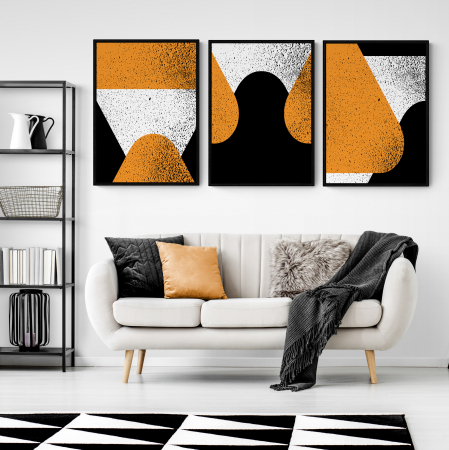 Set Tablouri Abstracte - Set 3 tablouri, Intaglio, Stil Abstracte, print pe hartie foto Fine Art, postere moderne, fundal metalizat, portocaliu, pentru living