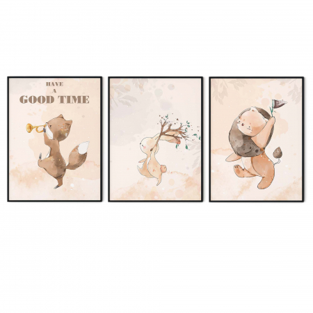 Set de 3 tablouri cu animaluțe colorate pentru copii, print Fine Art. [1]