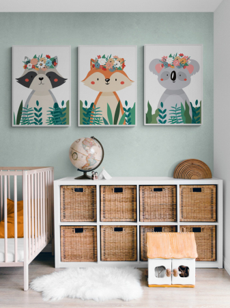 Tablouri Copii - Set 3 tablouri Intaglio cu elefant, ursuleț și iepuraș în stil animație.