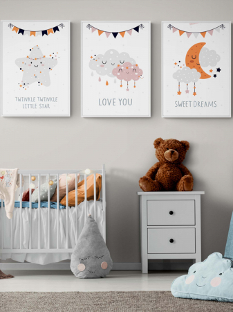 Tablouri Copii - Set 3 tablouri Intaglio stil animație pentru camera bebe - Nori, Stea, Luna