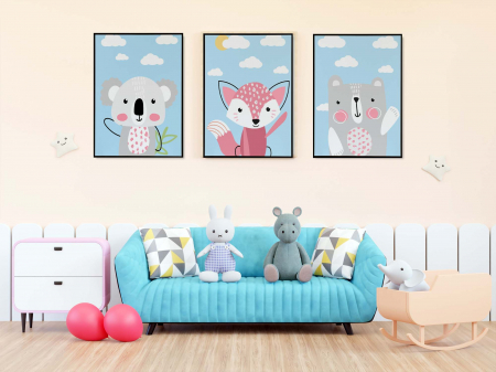 Tablouri Copii - Set de 3 tablouri canvas abstracte cu animăluțe pentru camera bebelușului.