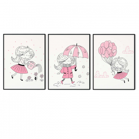 Set de 3 tablouri, fetiță în roz, hârtie Fine Art [1]