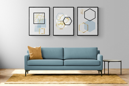 Set Tablouri Abstracte - Set 3 tablouri, Intaglio, Stil Abstracte, print pe hartie foto Fine Art, Auriu, Forme geometrice minimaliste, postere moderne, fundal alb, pentru living
