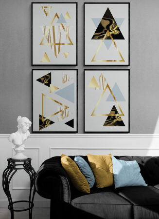 Set Tablouri Abstracte - Set 4 tablouri, Intaglio, Stil Abstracte, print pe hartie foto Fine Art, Auriu, Triunghiuri minimaliste, postere moderne, pentru living