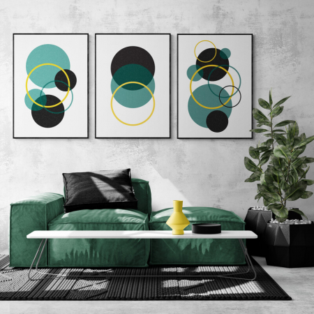 Set Tablouri Abstracte - Set 3 tablouri, Intaglio, Abstracte, Albastru, print pe hartie foto Fine Art,  cercuri, postere moderne, pentru dormitor, living, birou, hol