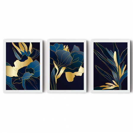 Set 3 tablouri, Intaglio, Abstracte, nuante albastru auriu, print pe hartie foto Fine Art, postere elegante cu flori, pentru dormitor, living, hol [5]