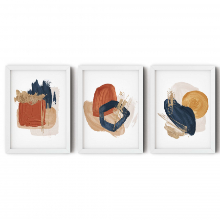 Set 3 tablouri, Intaglio, Abstracte, color, print pe hartie foto Fine Art, pictura abstracta cu auriu pe fundal alb, postere moderne pentru living [5]
