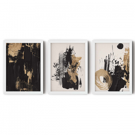 Set 3 tablouri, Intaglio, Abstracte, color, print pe hartie foto Fine Art, Forme abstracte, negru auriu, postere moderne, pentru living [5]