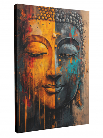 tablouri Buddha în stil abstract, unul predominant galben și altul în tonuri de albastru și roșu [2]