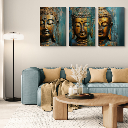 Tablouri Buddha - tablouri portrete abstracte ale lui Buddha în nuanțe aurii și turcoaz