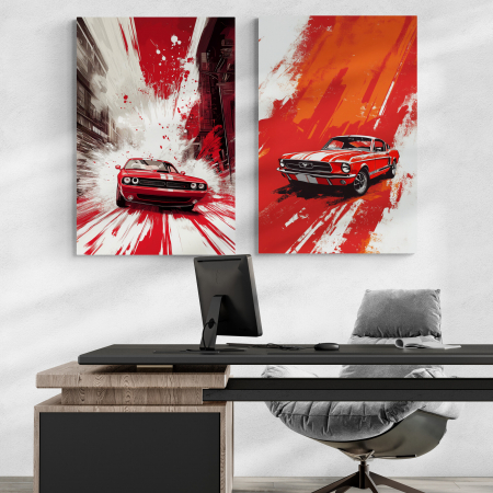 Tablouri cu Masini - Tablou canvas cu mașină clasică, redată în stil abstract modern, cu accente roșii și albe