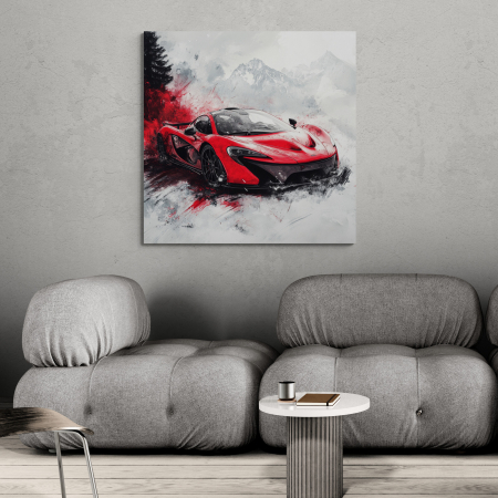 Tablouri cu Masini - ablou canvas cu supercar McLaren P1 roșu în peisaj montan