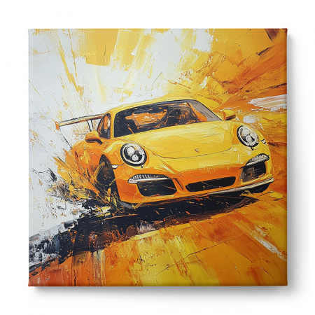 Tablou canvas abstract cu Porsche galben pe fundal exploziv portocaliu [1]