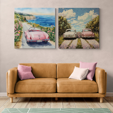 Tablouri cu Masini - Tablou canvas cu mașini retro colorate în nuanțe pastel