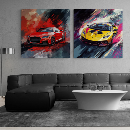 Tablouri cu Masini - Tablou canvas modern, cu design abstract și accente de roșu, galben și negru,