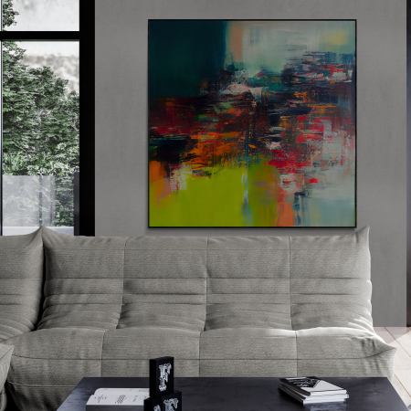 Tablouri Abstracte - Tablou abstract cu roșu și verde lime – Accente vibrante pentru decoruri moderne
