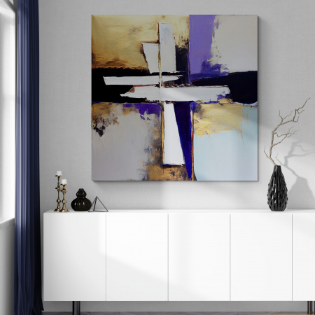 Tablouri Abstracte - Tablou canvas abstract cu auriu, crem și mov – Eleganță geometrică pentru dormitor