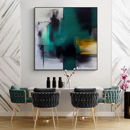 Tablouri Abstracte - Tablou canvas abstract cu verde smarald și galben – Artă modernă pentru decoruri elegante