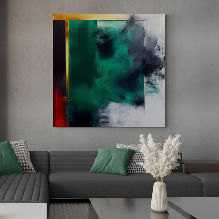 Tablouri Abstracte - Tablou canvas abstract cu verde smarald și auriu – Artă elegantă pentru living minimalist