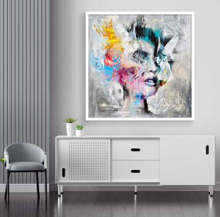 Tablouri Portrete Abstracte - Tablou canvas, abstract, portret femeie, porumbei, multicolor, pentru living