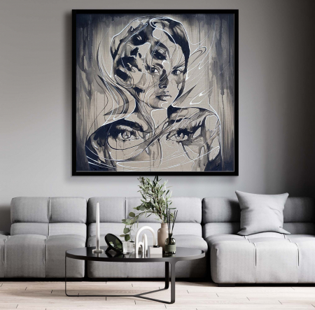 Tablouri Portrete Abstracte - Tablou canvas, alb negru, portret femeie, multicolor, pentru sufragerie