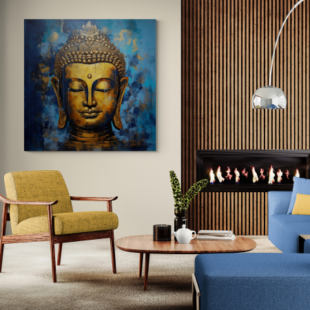 Tablouri Buddha - Tablou Buddha cu tonuri aurii pe fundal albastru intens
