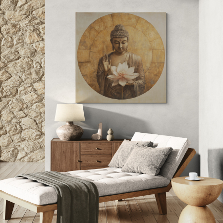 Tablouri Buddha - Tablou Buddha în stil abstract, ținând o floare de lotus albă, expus pe un perete deschis într-un spațiu de relaxare decorat natural, cu mobilier din lemn și accente bej.