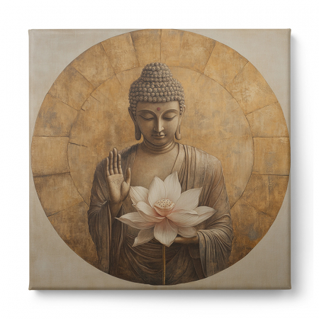 Tablou Buddha în stil abstract, ținând o floare de lotus albă, expus pe un perete deschis într-un spațiu de relaxare decorat natural, cu mobilier din lemn și accente bej. [1]