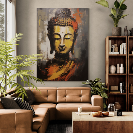 Tablouri Buddha - Tablou modern cu portret de Buddha în nuanțe aurii și roșii