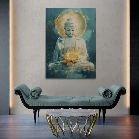 Tablouri Buddha - Tablou canvas cu Buddha alb în meditație, ținând o floare de lotus aurie