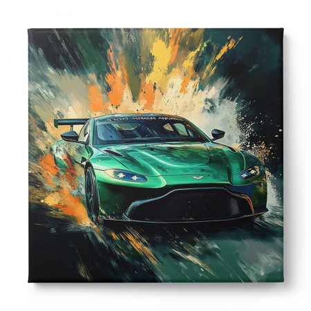 Un tablou vibrant, în stil abstract, ce înfățișează un Aston Martin de culoare verde, înconjurat de o explozie dinamică de culori portocalii și galbene. [1]