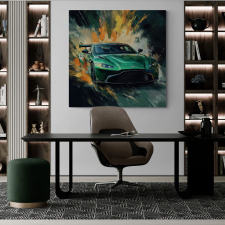 Tablouri cu Masini - Un tablou vibrant, în stil abstract, ce înfățișează un Aston Martin de culoare verde, înconjurat de o explozie dinamică de culori portocalii și galbene.