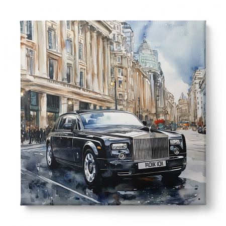 Tablou acuarelă cu un Rolls-Royce Phantom negru pe o stradă urbană [1]