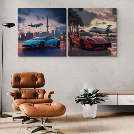Tablouri cu Masini - Două tablouri spectaculoase cu Lamborghini și Ferrari, ilustrate pe fundaluri luxoase cu avioane