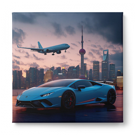Două tablouri spectaculoase cu Lamborghini și Ferrari, ilustrate pe fundaluri luxoase cu avioane [1]