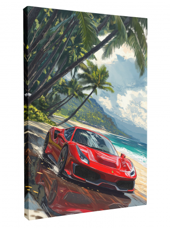 Tablou canvas cu un Ferrari 488 roșu lângă ocean, sub palmieri [1]