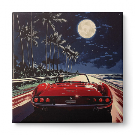 Tablou canvas artistic cu o mașină decapotabilă roșie rulând pe o șosea tropicală, sub o lună plină [1]