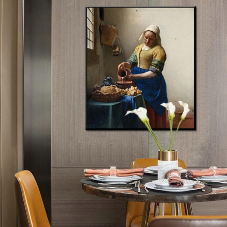 Reinterpretare modernă și abstractă a tabloului The Milkmaid de Vermeer pe canvas premium. [2]