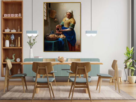Reinterpretare modernă și abstractă a tabloului The Milkmaid de Vermeer pe canvas premium. [1]