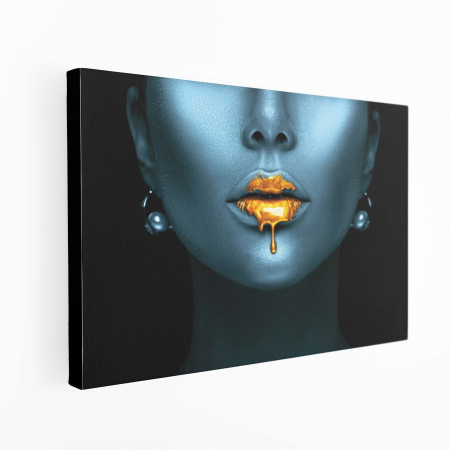 Tablou canvas, Intaglio, Modern, negru auriu, Portret femeie cu buze aurii, print pe panza Premium, pentru living [3]