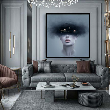 Tablouri Portrete - Tablou canvas, Intaglio, Modern, Portret Femeie in dubla expunere cu planete, print pe panza Premium, pentru living