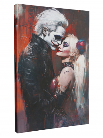 Tablou canvas vertical cu Joker și Harley Quinn într-o îmbrățișare [1]