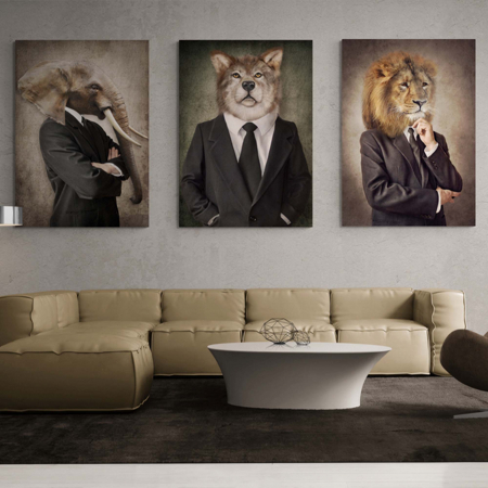Tablouri Animale si Pasari - Set 3 tablouri cu animale Leu, Lup, Elefant, pentru living, birou