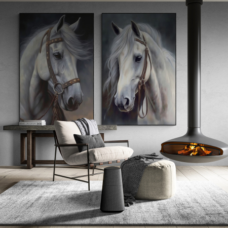 Tablouri Animale si Pasari - Tablou canvas, modern, Animale, Cai albi in stil abstract, pe fundal gri, pentru cabana la munte