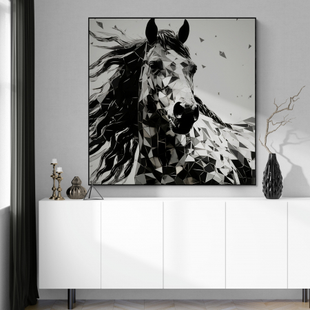 Tablouri Animale si Pasari - Tablou canvas, modern, Animale, CaI in stil abstract, nuante alb negru, albastru, pentru hotel