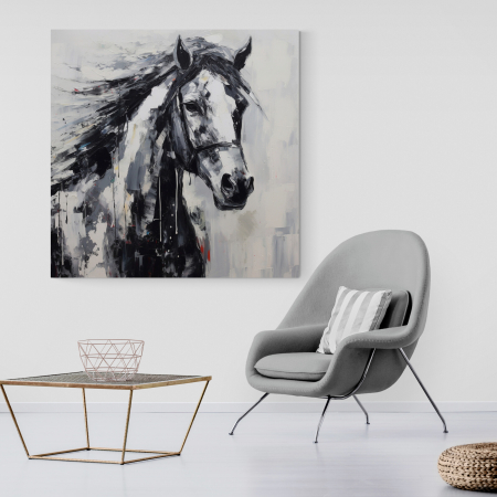 Tablouri Animale si Pasari - Tablou canvas, modern, Animale, Cal alb negru in stil abstract, pe fundal gri, pentru showroom