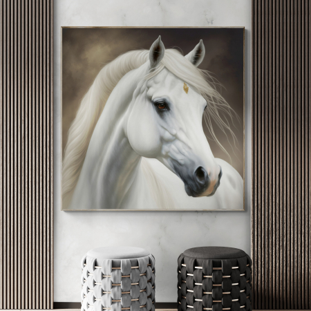 Tablouri Animale si Pasari - Tablou canvas, modern, Animale, Cal alb, pe fundal maro, pentru hotel