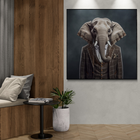Tablou canvas, modern, Animale, Elefant in costum,pe fundal negru, pentru hol, living [2]