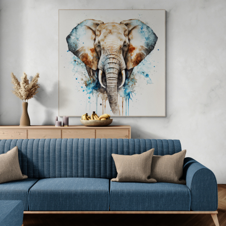 Tablouri Animale si Pasari - Tablou canvas, modern, Animale, Elefant, nuante de albastru, pe fundal alb, pentru showroom